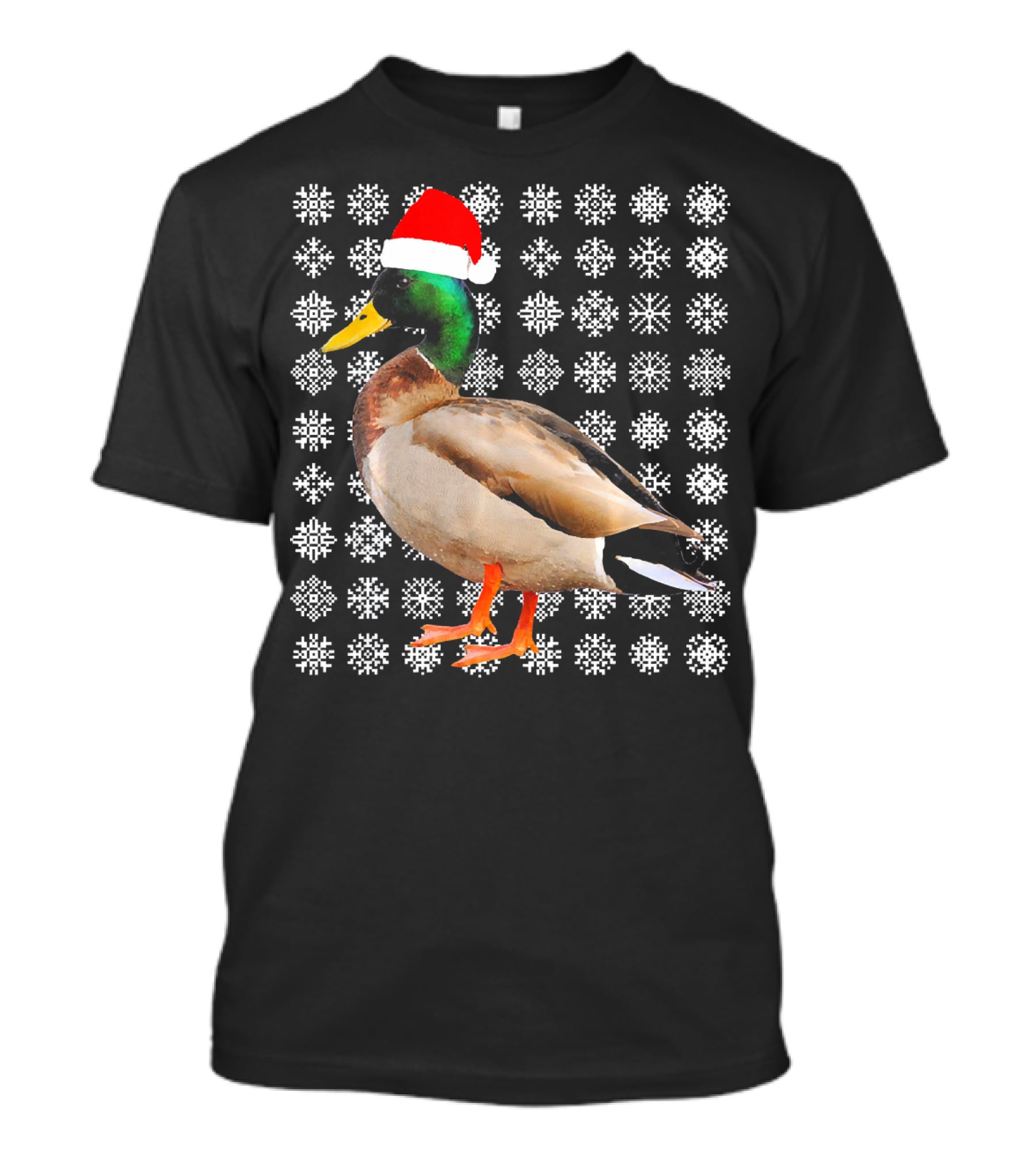 Mallard Duck In Santa Hat With Snowflake Pattern Background T-Shirt