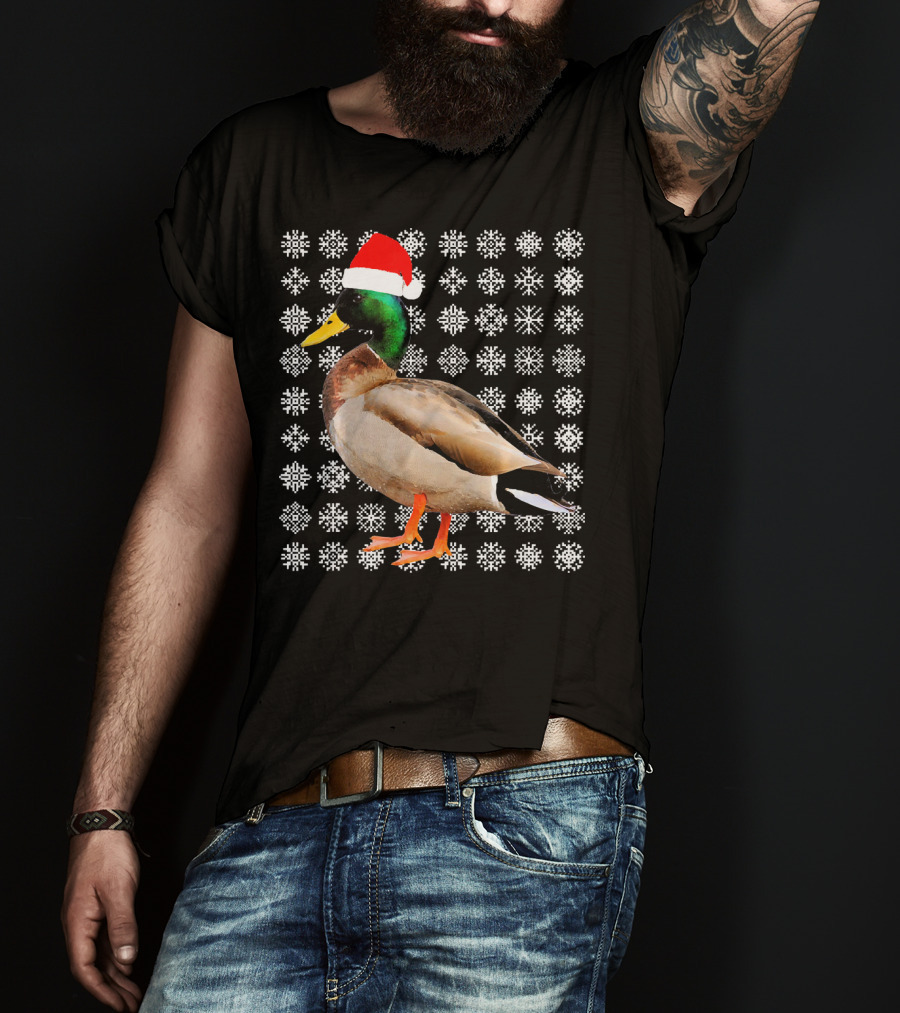 Mallard Duck In Santa Hat With Snowflake Pattern Background T-Shirt