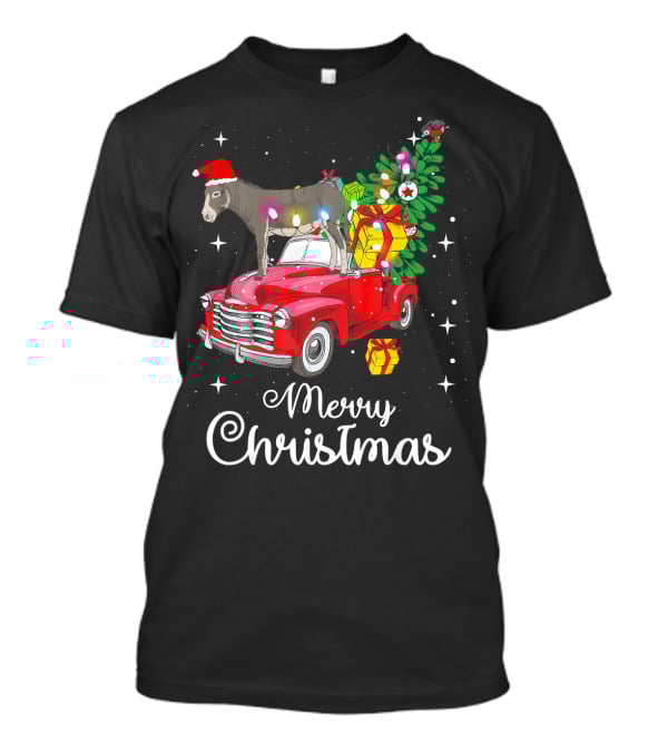Merry Christmas Donkey Rides Red Truck With Santa Hat And Presents T-Shirt