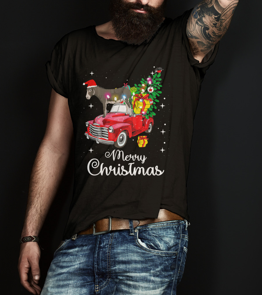 Merry Christmas Donkey Rides Red Truck With Santa Hat And Presents T-Shirt