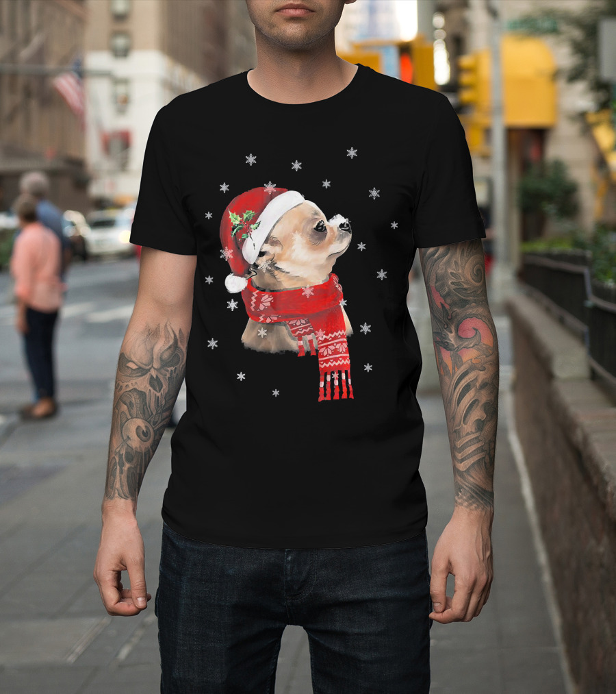 Chihuahua Christmas Cute Chihuahua Lover Festive Santa Hat And Scarf Snowflakes T-Shirt