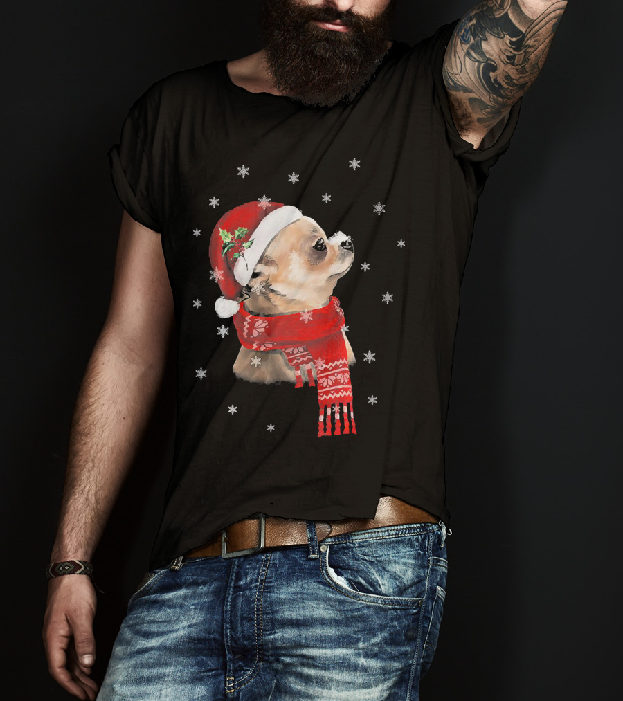 Chihuahua Christmas Cute Chihuahua Lover Festive Santa Hat And Scarf Snowflakes T-Shirt