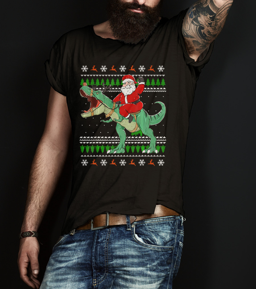 Santa Riding Dino Ugly Christmas Sweater With Snowflakes And Reindeer T-Shirt