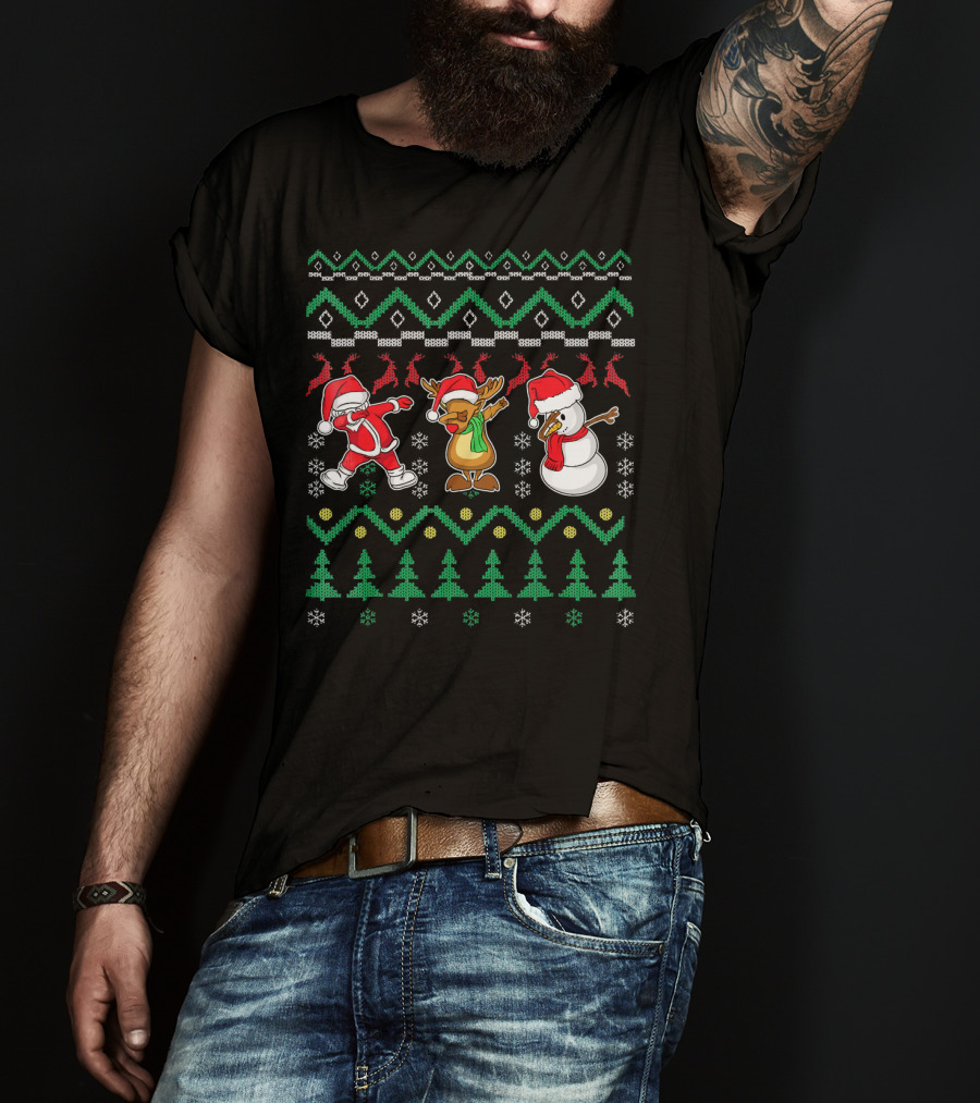 Santa Reindeer Snowman Dabbing Christmas T-Shirt