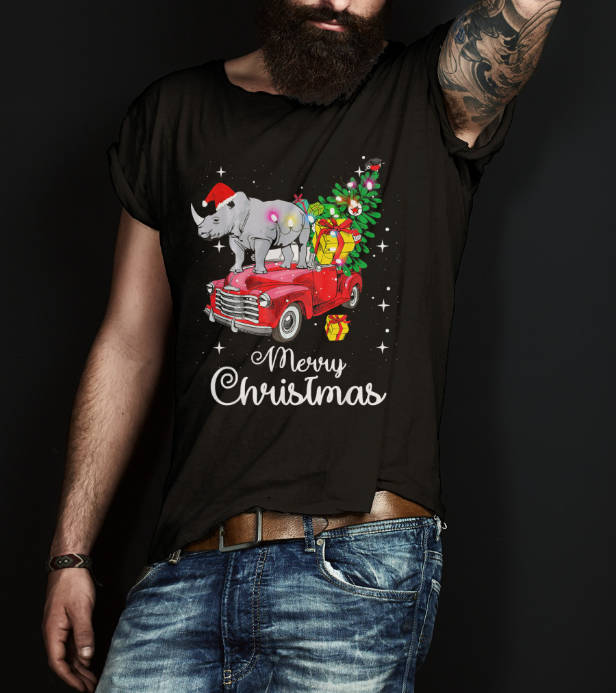 Merry Christmas Rhino Santa Hat On Red Truck With Christmas Tree And Gifts T-Shirt