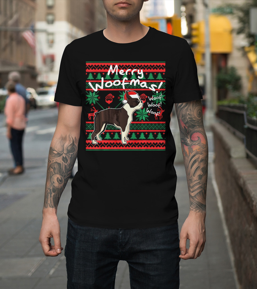 Merry Woofmas Boston Terrier Woof Woof Santa Hat Christmas T-Shirt