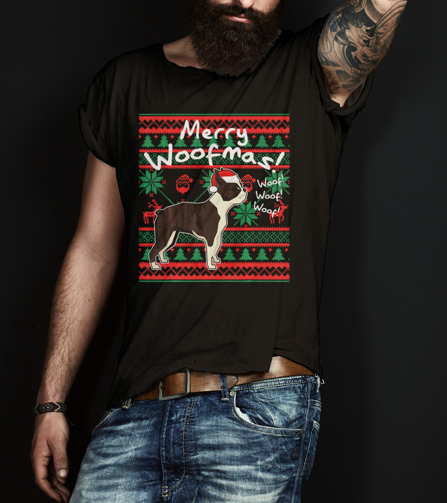 Merry Woofmas Boston Terrier Woof Woof Santa Hat Christmas T-Shirt