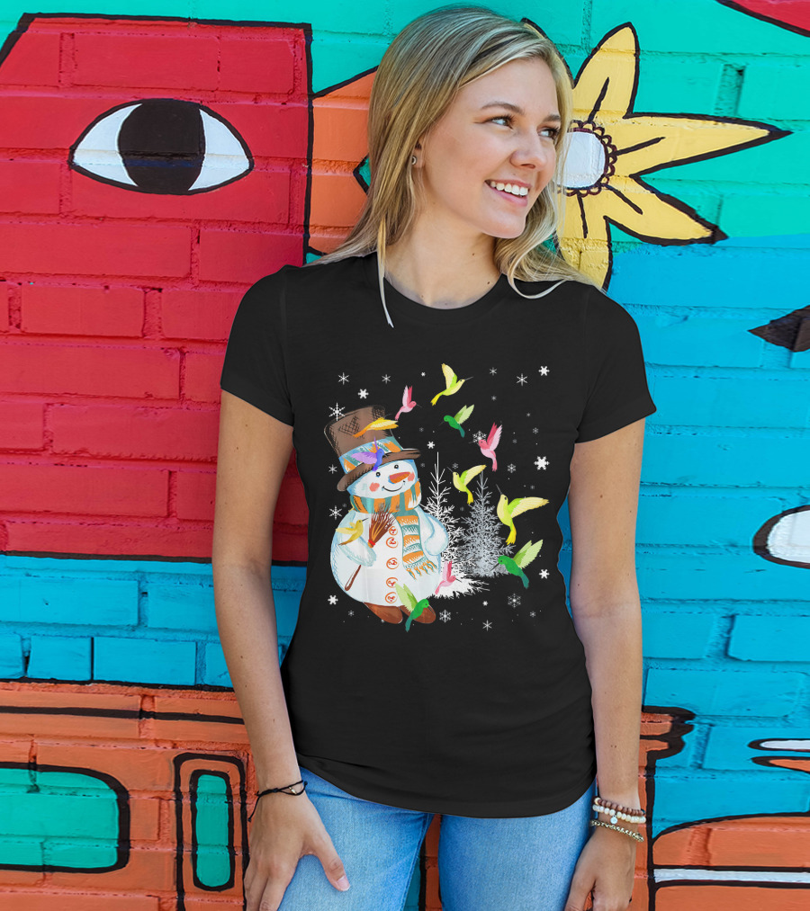 Merry Hummingbird Snowman With Colorful Birds And Snowflakes T-Shirt