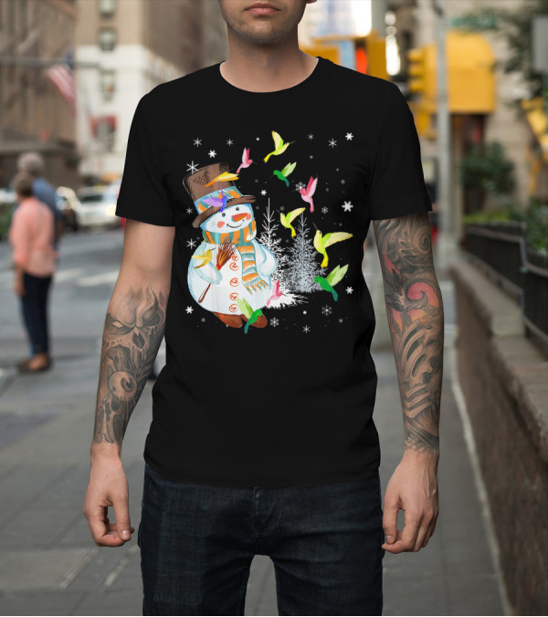 Shirt: Merry Hummingbird Snowman with Colorful Birds and Snowflakes T-Shirt Merry Hummingbird Snowman with Colorful Birds and Snowflakes T-Shirt
