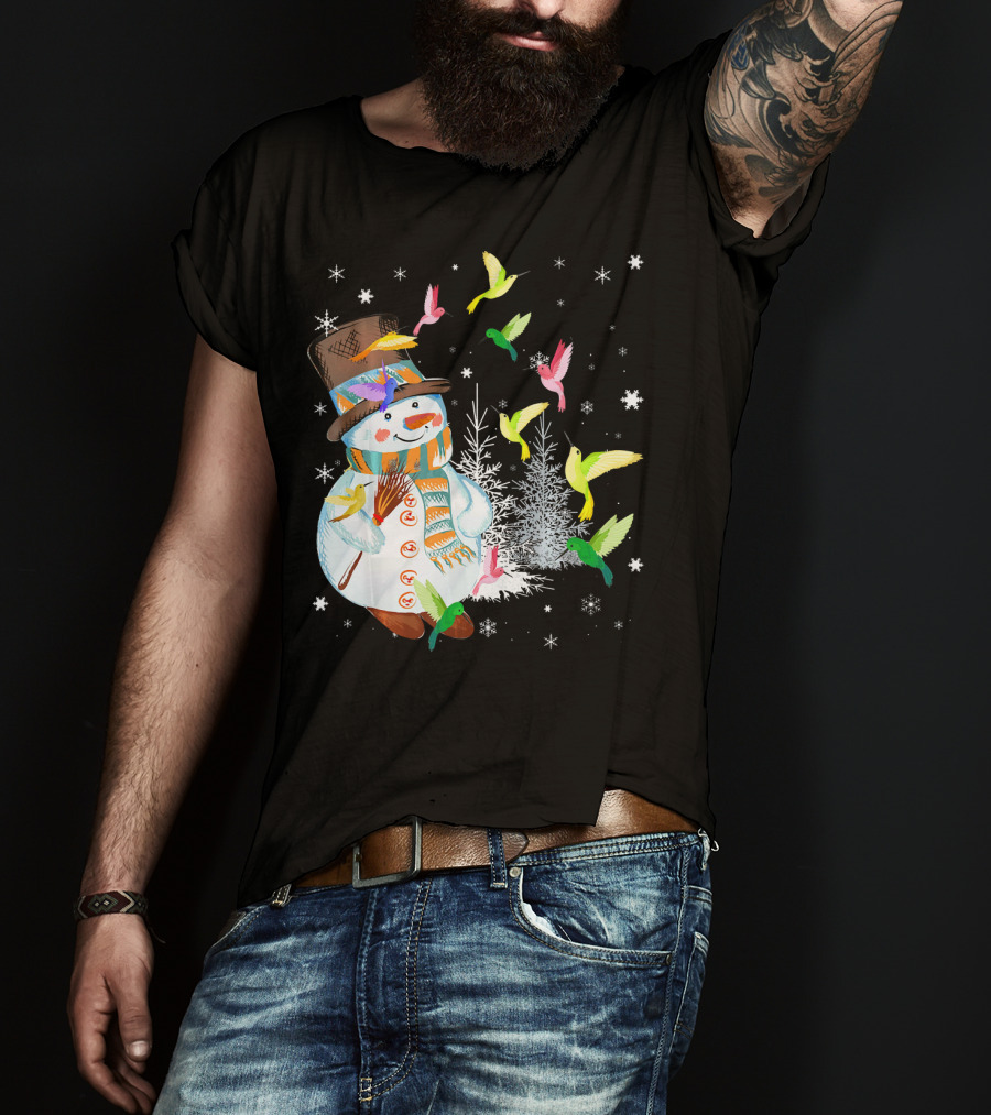 Merry Hummingbird Snowman With Colorful Birds And Snowflakes T-Shirt
