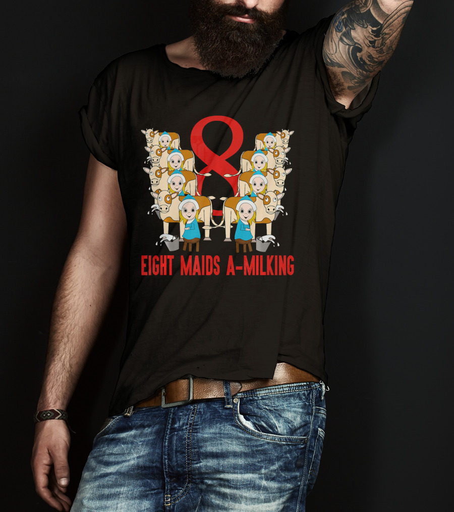 Eight Maids A-Milking Cows With Red Ribbon Background T-Shirt