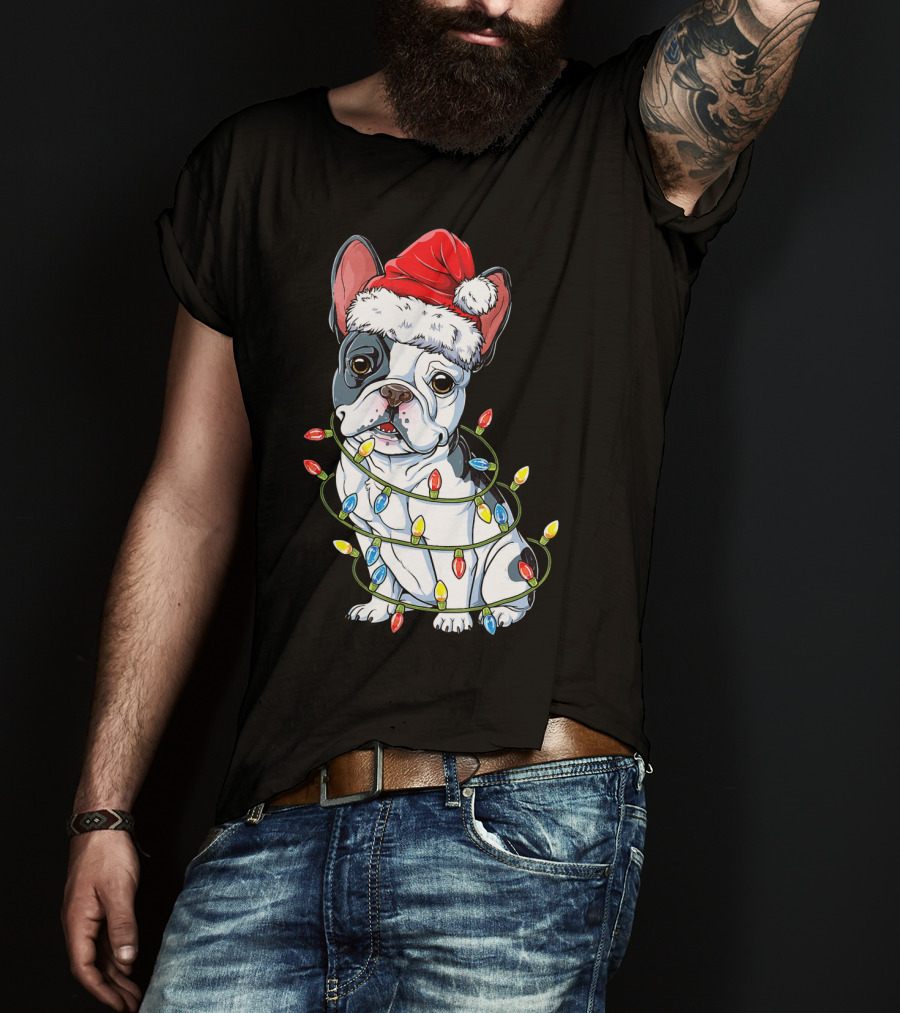 French Bulldog Christmas Santa Hat Festive Lights T-Shirt