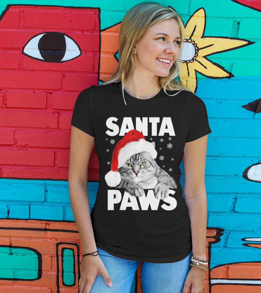 Santa Paws Christmas Kitty Cat Funny Graphic Snowflakes Hat T-Shirt