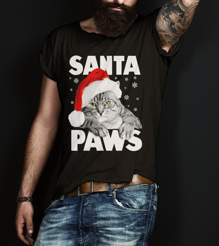 Santa Paws Christmas Kitty Cat Funny Graphic Snowflakes Hat T-Shirt