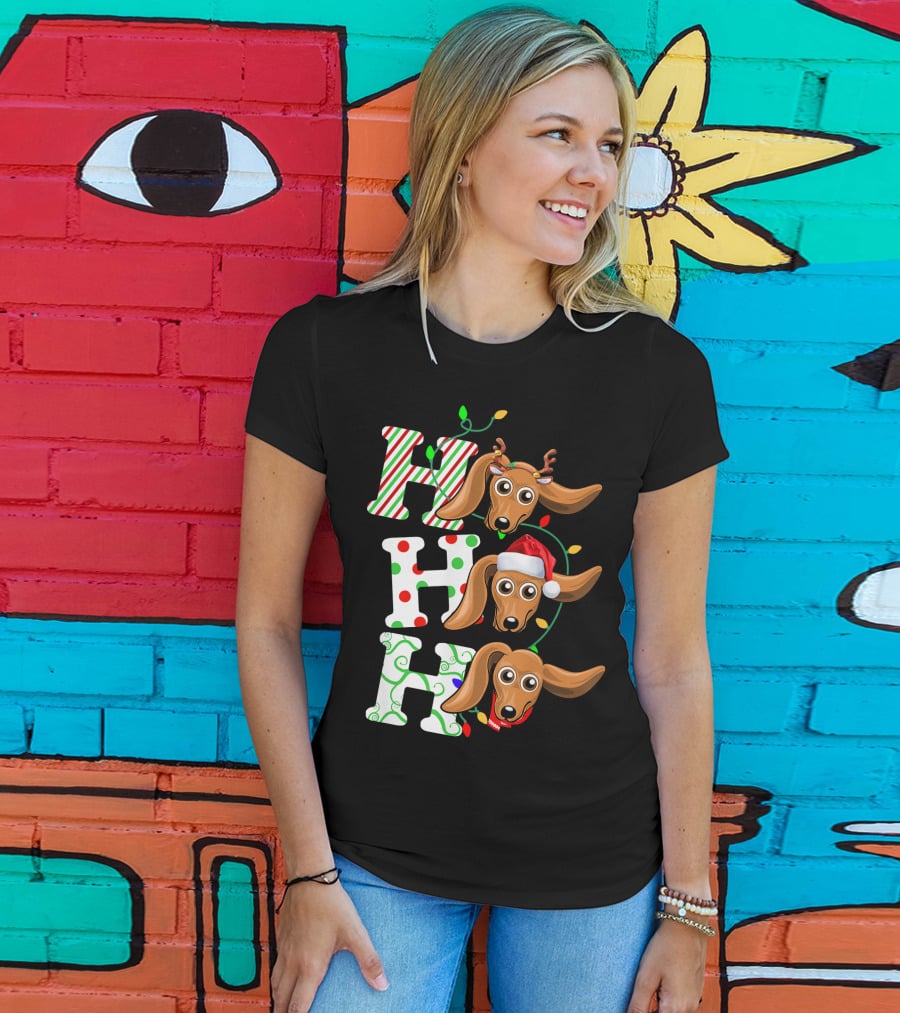 Dachshund Ho Ho Ho Reindeer Antlers Santa Hat Christmas Lights T-Shirt