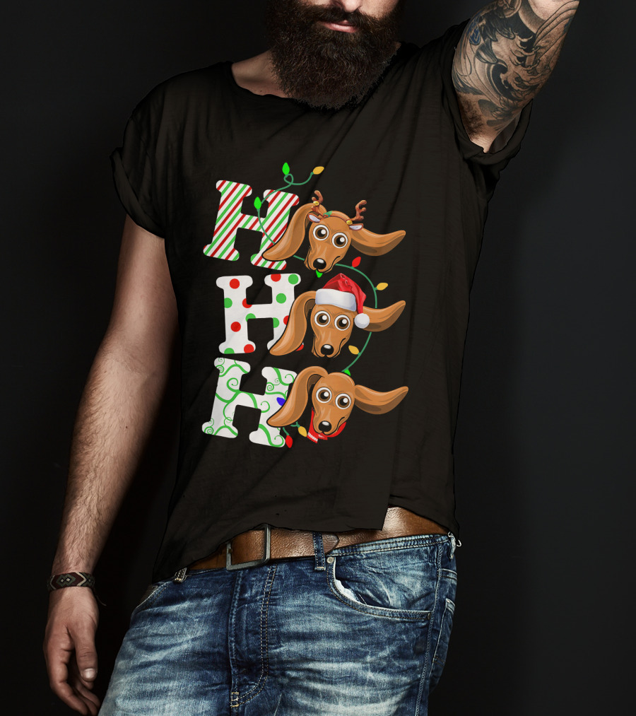 Dachshund Ho Ho Ho Reindeer Antlers Santa Hat Christmas Lights T-Shirt