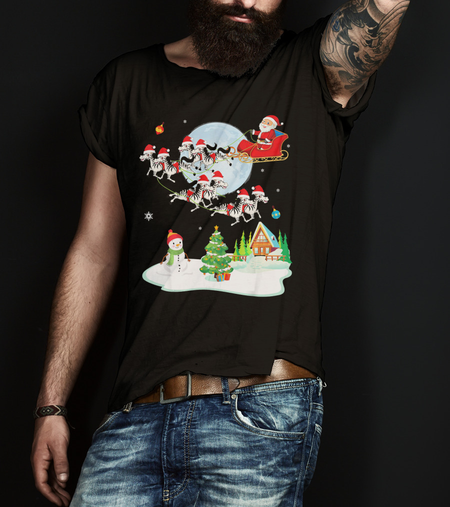 Santa Claus Sleigh With Zebras And Snowman By Christmas Tree T-Shirt