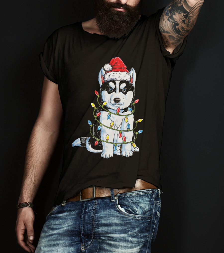 Siberian Husky Wrapped In Christmas Lights With Santa Hat T-Shirt