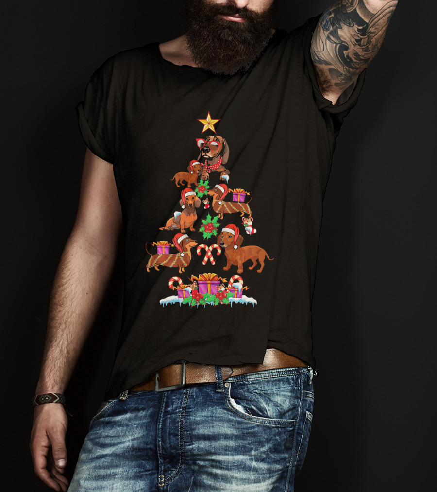 Dachshund Christmas Tree Holiday Design With Cute Dogs And Festive Decorations T-Shirt