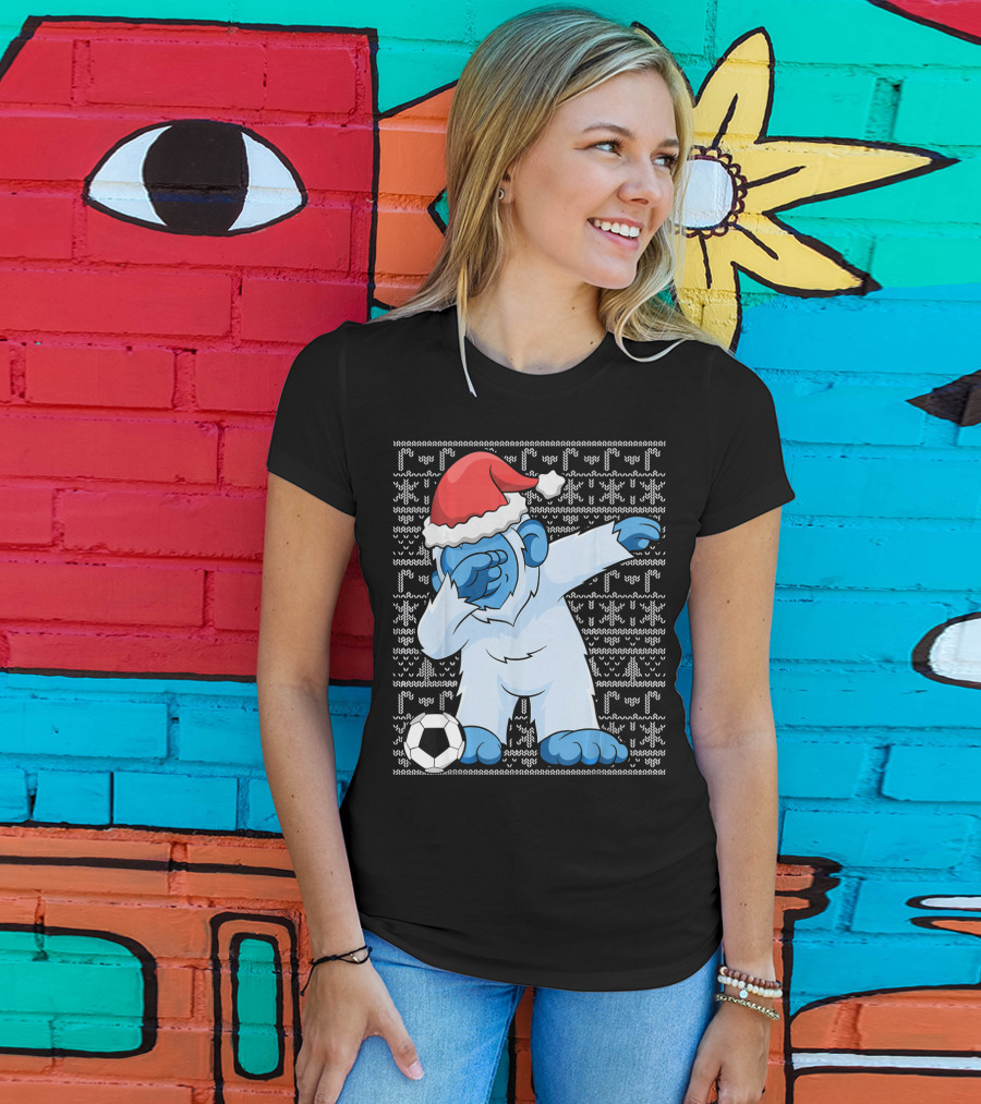 Dabbing Abominable Snowman Santa With Soccer Ball Holiday Ugly T-Shirt