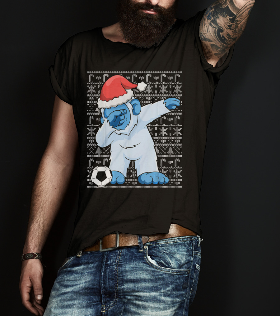 Dabbing Abominable Snowman Santa With Soccer Ball Holiday Ugly T-Shirt