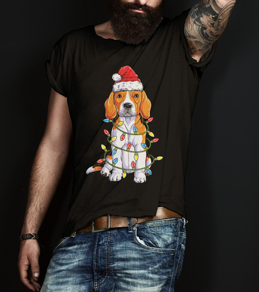 Beagle Wrapped In Christmas Lights With Santa Hat T-Shirt