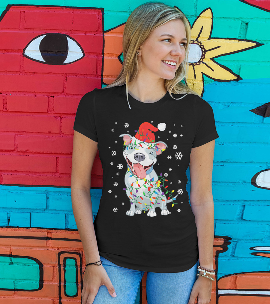 Pitbull Wrapped In Christmas Lights With Santa Hat And Snowflakes T-Shirt