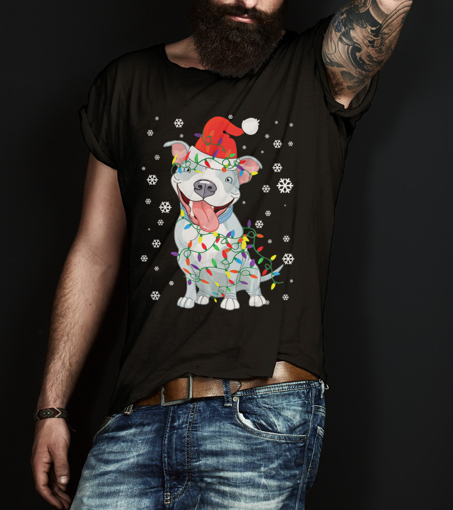 Pitbull Wrapped In Christmas Lights With Santa Hat And Snowflakes T-Shirt