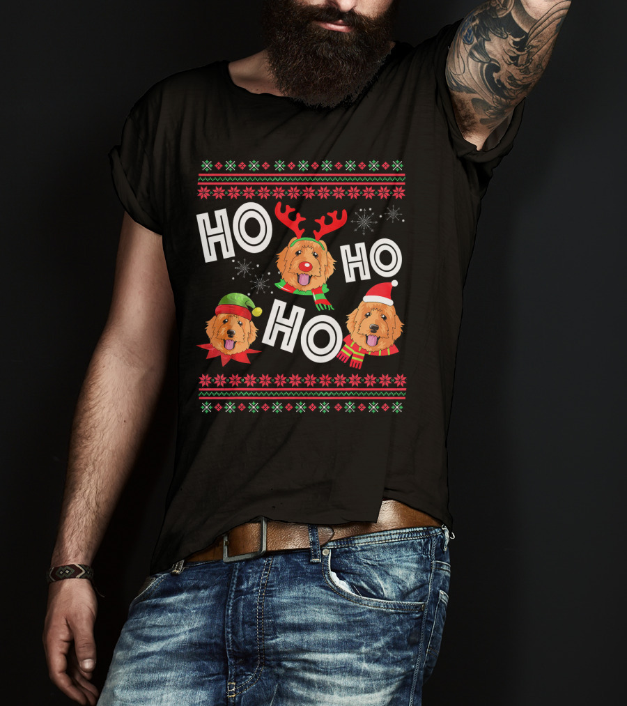 HO HO HO Golden Doodle Funny Dog Christmas Antlers Santa Hat Snowflakes T-Shirt