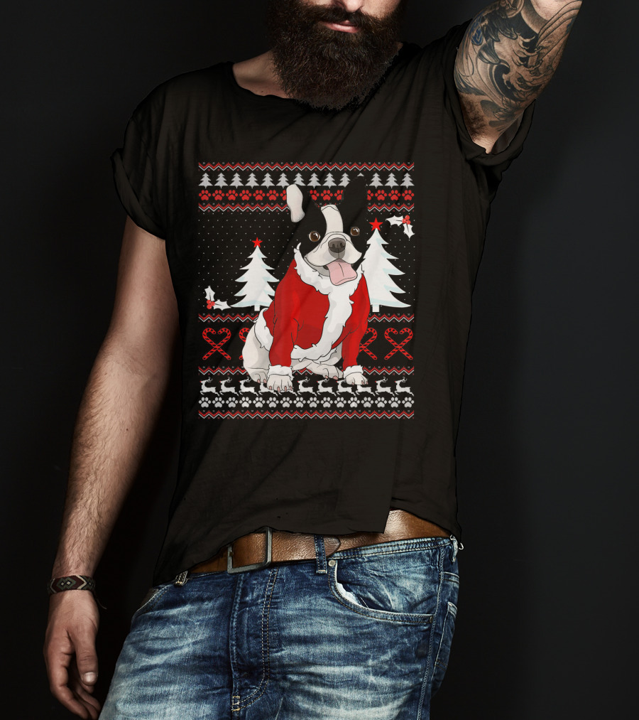 Cute French Bulldog Christmas Sweater With Santa Outfit And Holiday Trees T-Shirt