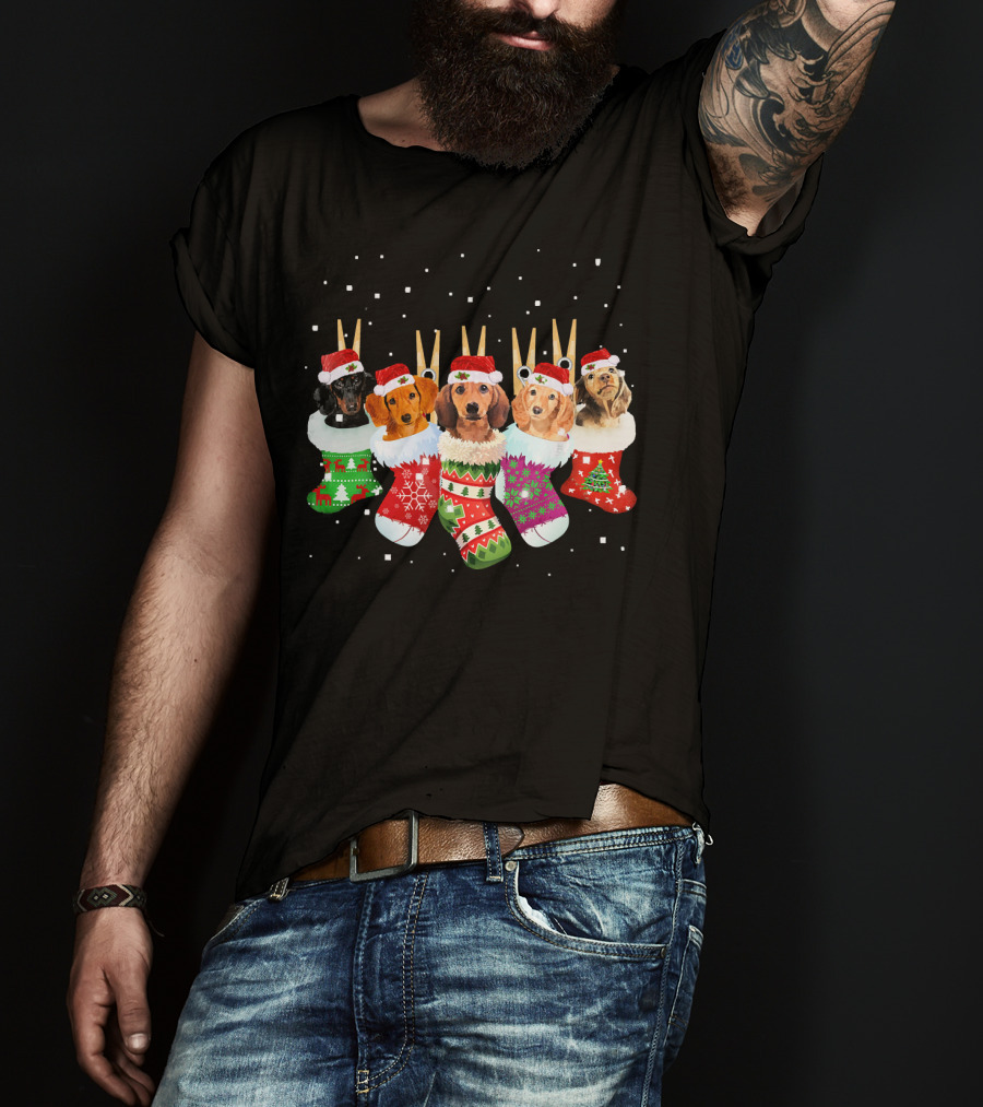 Christmas Socks Dachshund Santa Hats Snowflakes T-Shirt
