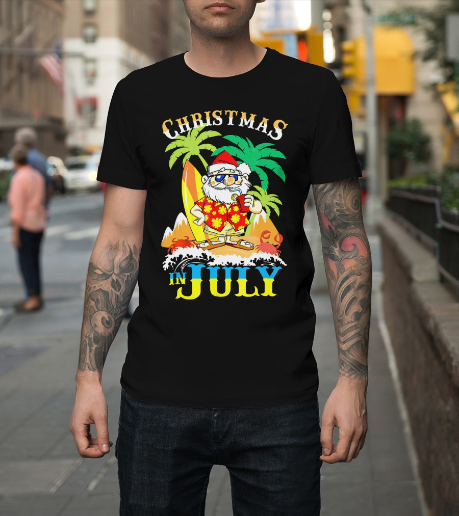 Christmas In July Santa Tropical Surf Vibes T-Shirt