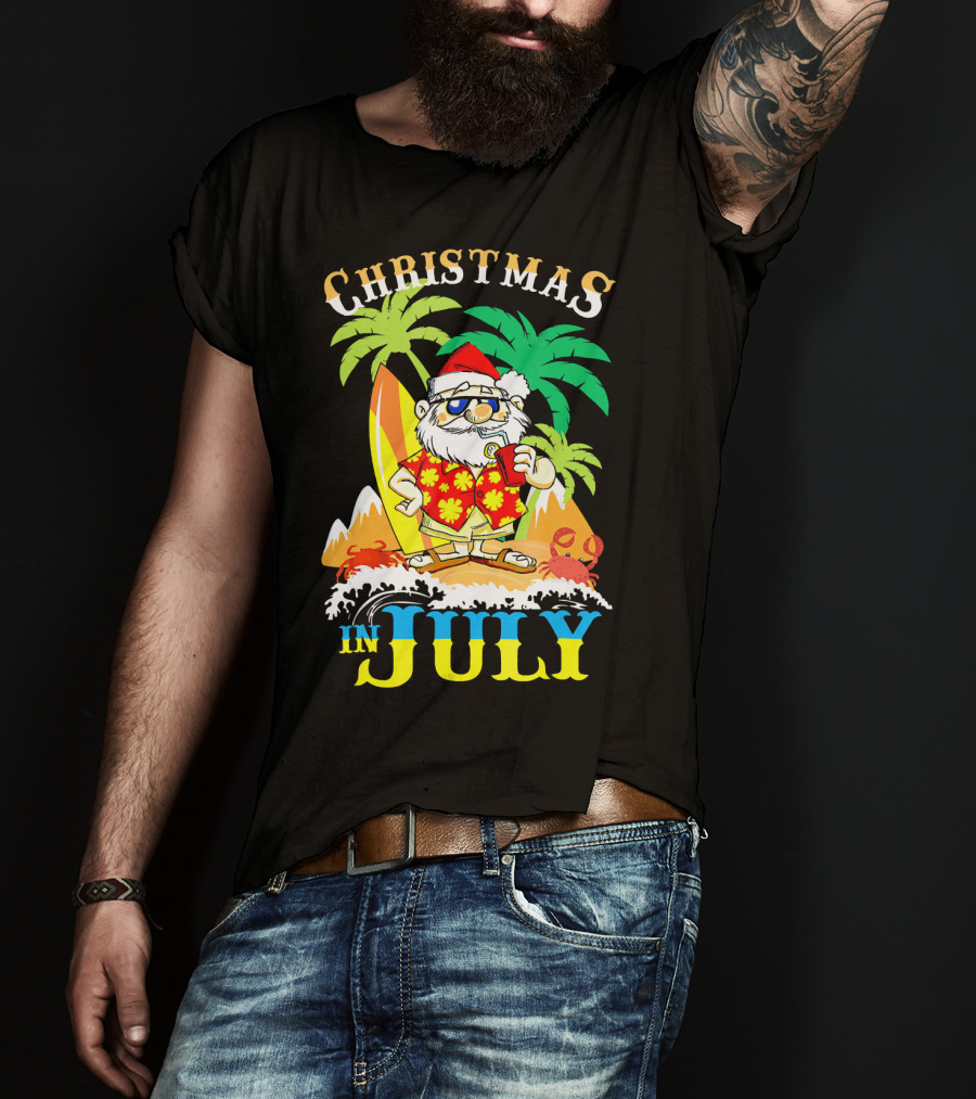 Christmas In July Santa Tropical Surf Vibes T-Shirt