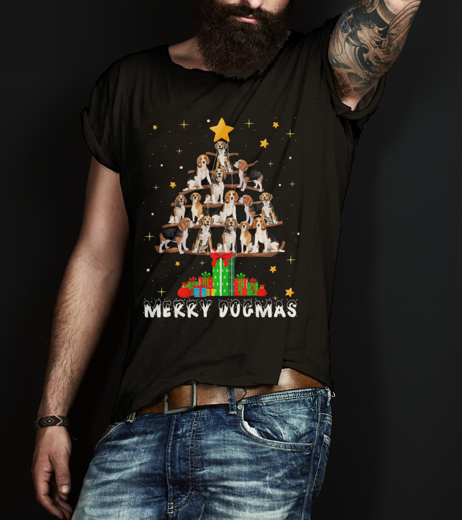 Merry Dogmas Beagle Puppies Christmas Tree With Gifts And Star T-Shirt