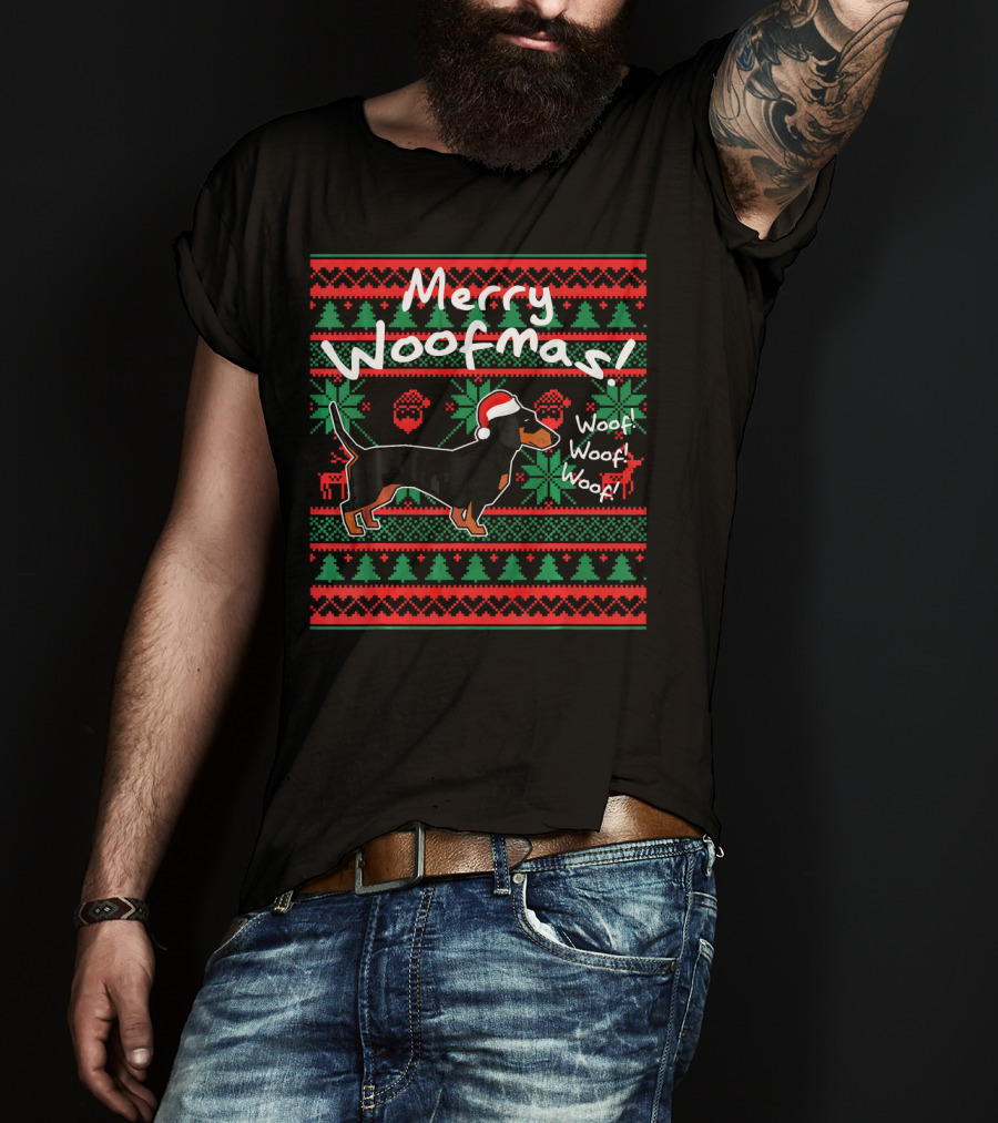 Merry Woofmas Dachshund Dog With Santa Hat Woof Woof Woof Christmas T-Shirt