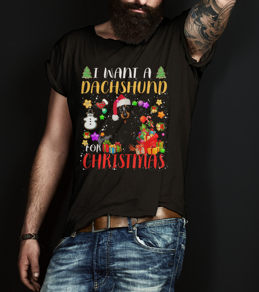 I Want A Dachshund For Christmas Santa Hat Presents Snowman T-Shirt