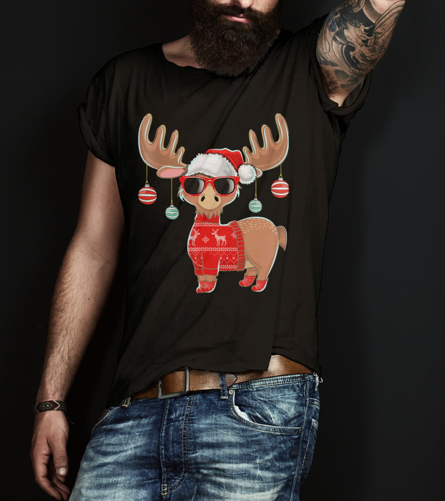 Ugly Christmas Moose Chris With Sweater And Ornaments T-Shirt