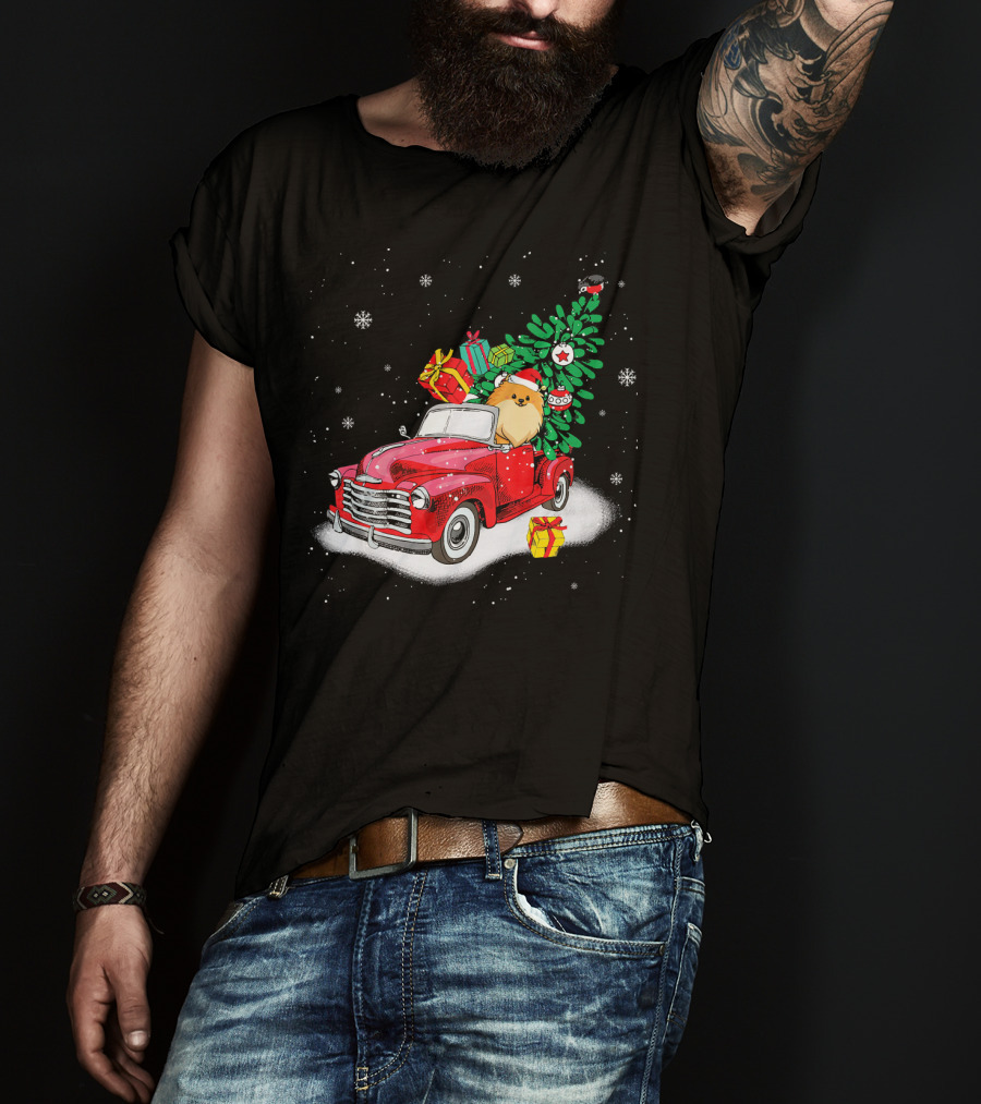 Pomeranian With Christmas Tree And Gifts In Red Truck Snow Scene T-Shirt