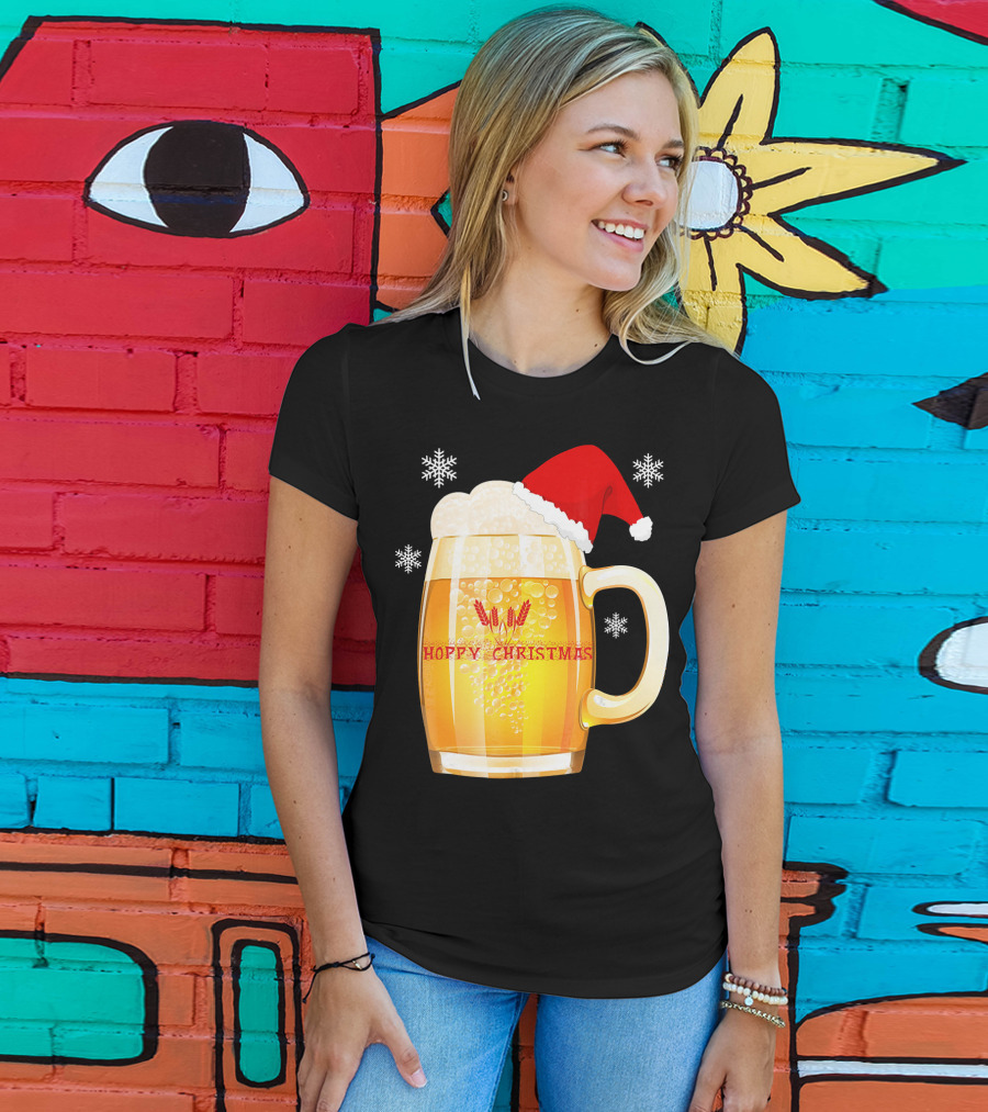Hoppy Christmas Beer Santa Mug With Snowflakes T-Shirt