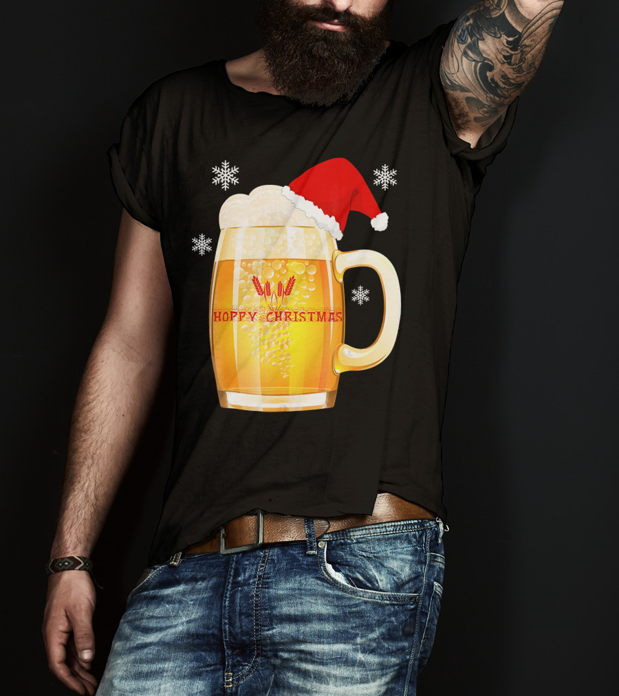 Hoppy Christmas Beer Santa Mug With Snowflakes T-Shirt