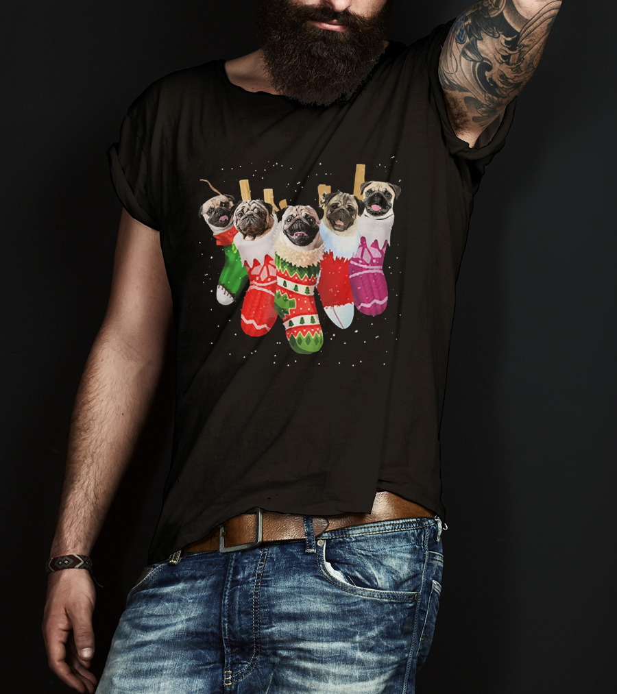 Pug Heads In Colorful Christmas Stockings With Snowflakes T-Shirt