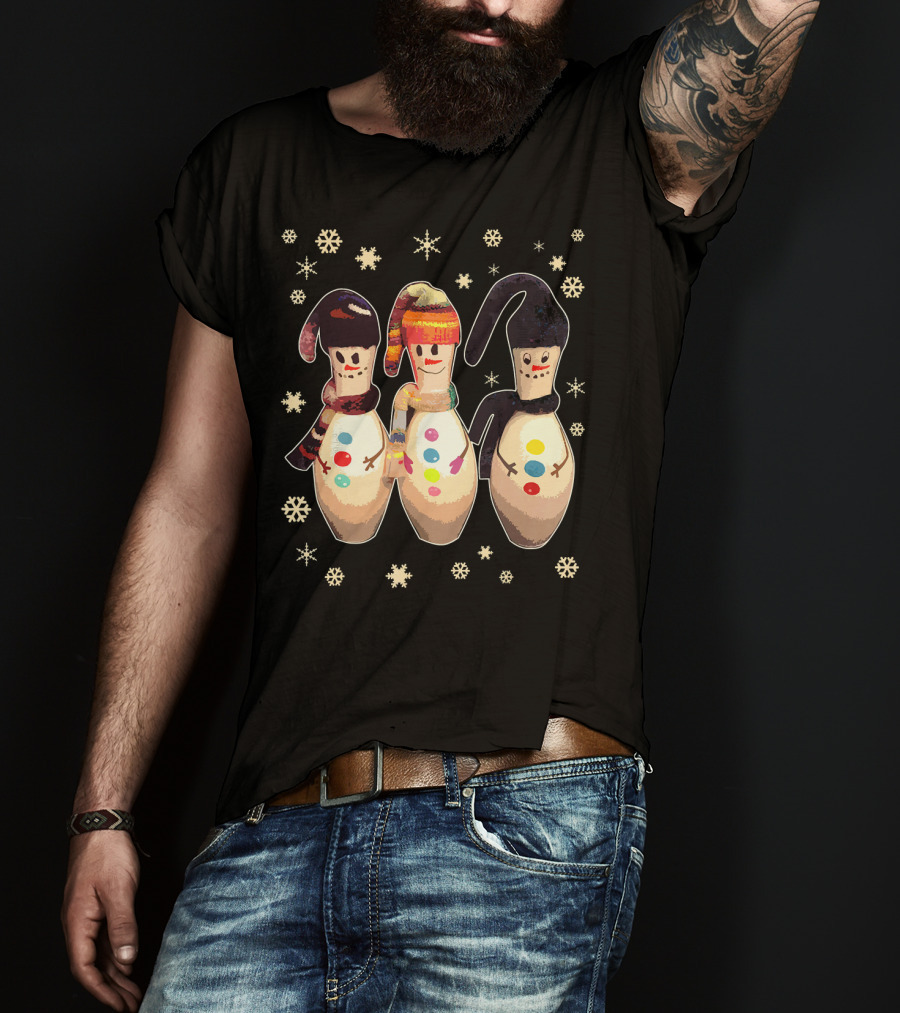 Bowling Pins Winter Snowman Scarves Hats Snowflakes T-Shirt