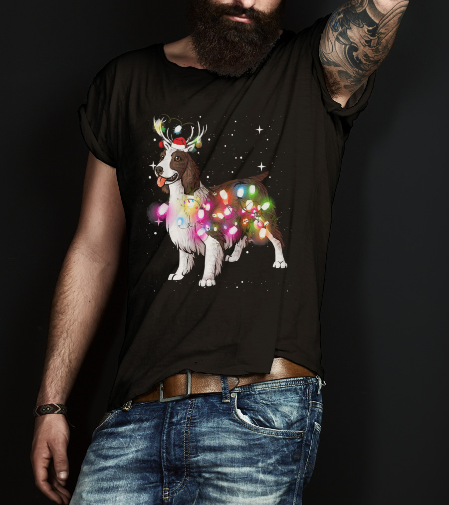 Christmas Lights English Springer Spaniel With Reindeer Antlers And Santa Hat T-Shirt
