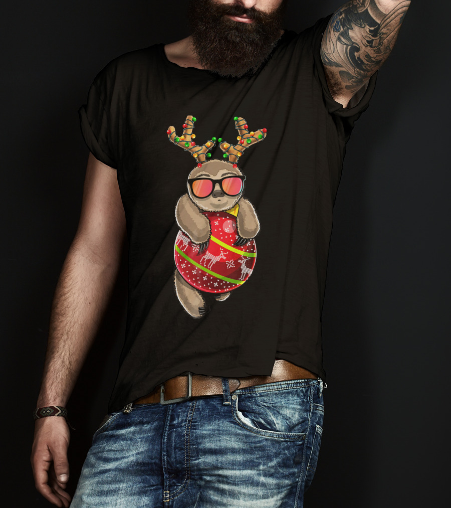 Christmas Sloth Reindeer Ornament Holiday Lights Festive Fashion T-Shirt