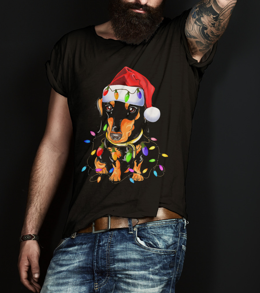 Dachshund Christmas Loves LED Lights Santa Hat T-Shirt