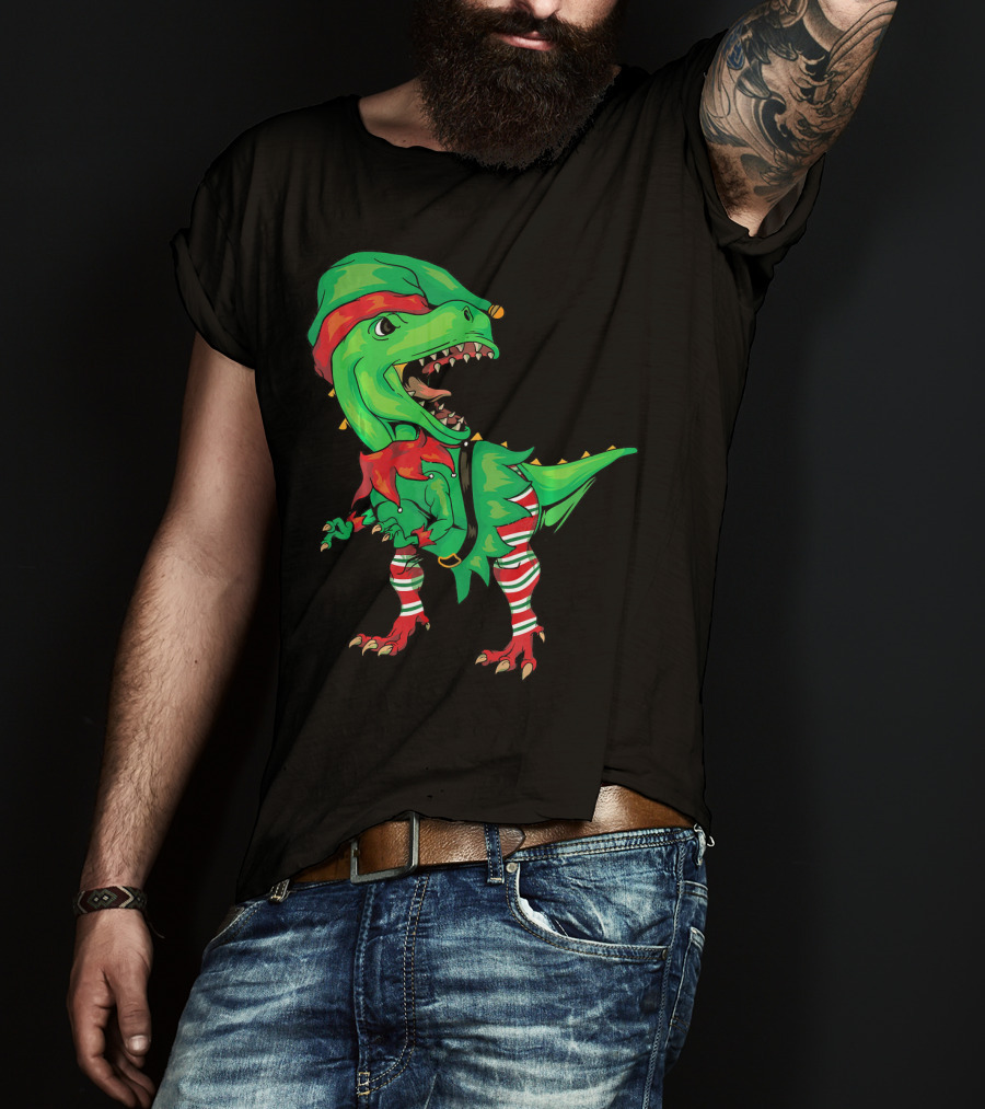 Christmas Dinosaur In Elf Costume T-Shirt