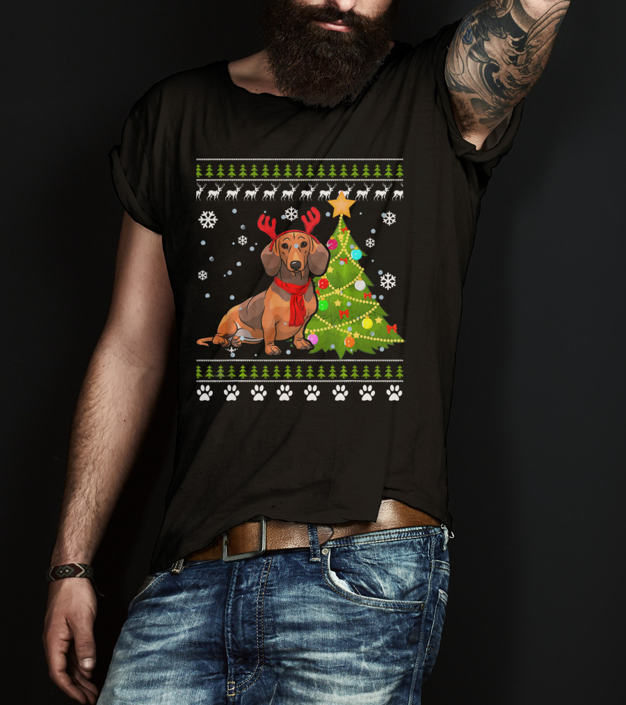 Dachshund Ugly Christmas Reindeer Antlers Christmas Tree Snowflakes T-Shirt
