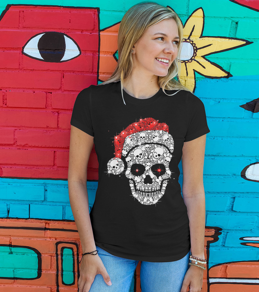Shiny Skull Rhinestone Santa Hat Christmas Skulls T-Shirt