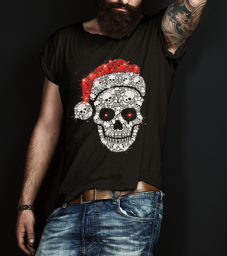 Shiny Skull Rhinestone Santa Hat Christmas Skulls T-Shirt