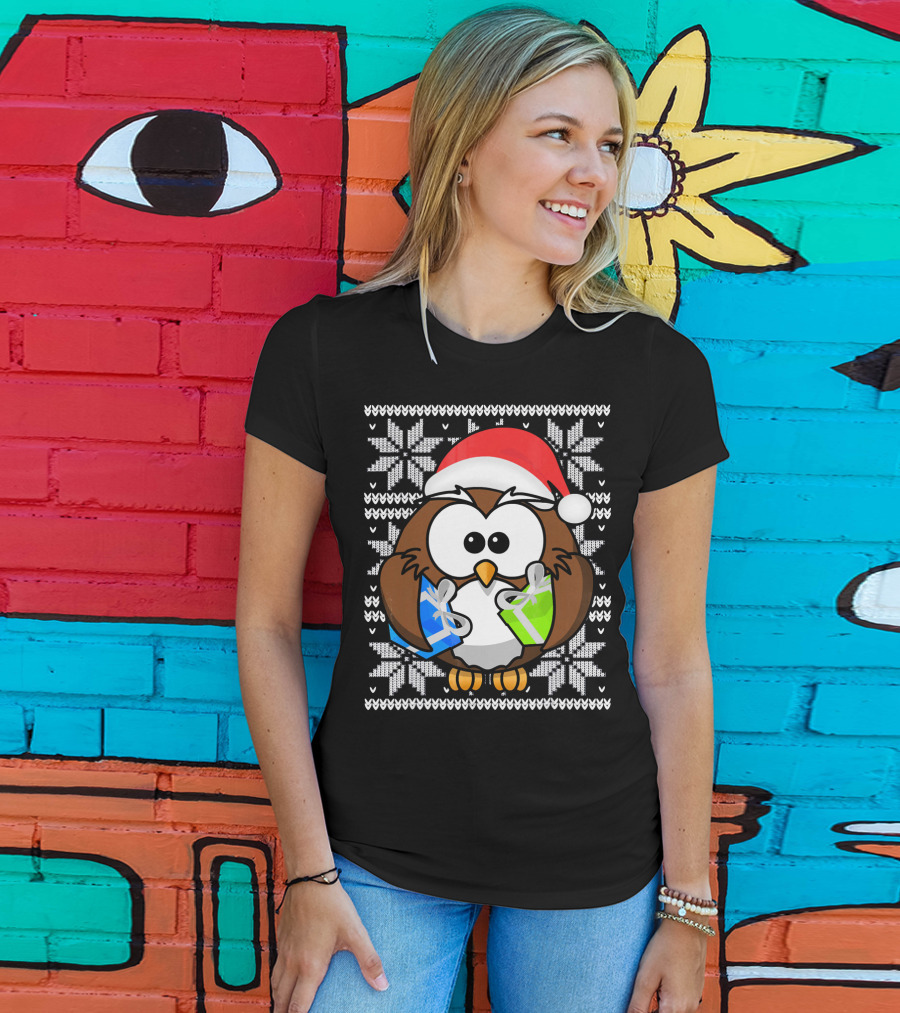UGLY CHRISTMAS Holiday Owl With Santa Hat And Gifts T-Shirt